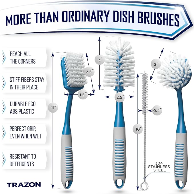 Dish Brush Set of 4 - Kitchen Scrub Brushes with Non-Slip Long Handle for Cleaning, Scrubber, Dishwashing, Dishes, Bottles, Straws, Cups, Pots & Sink, Blue