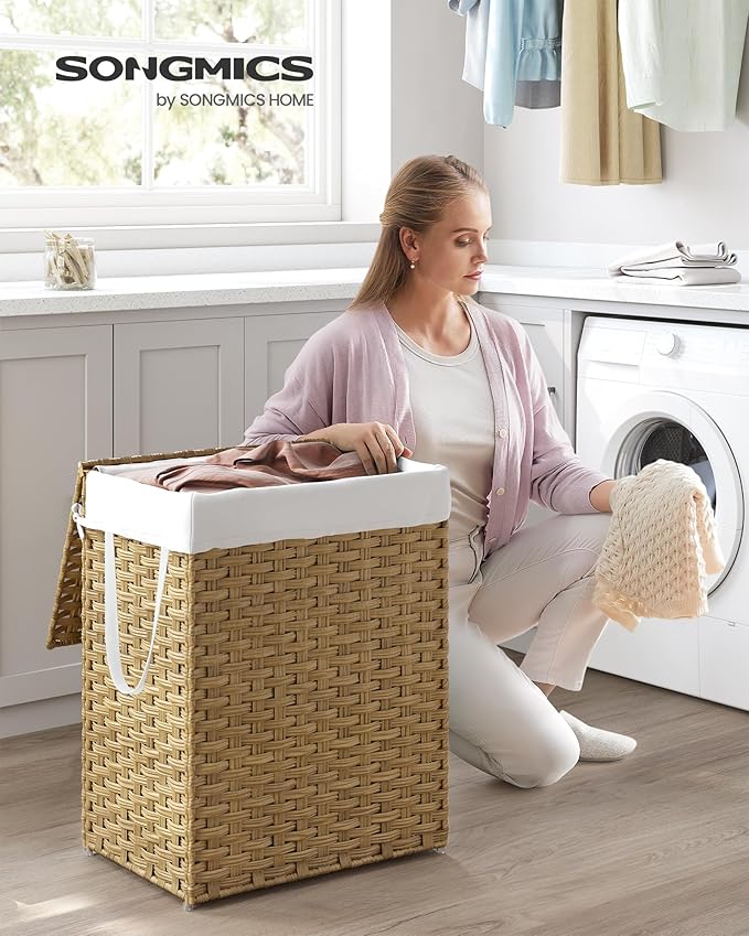 SONGMICS Laundry Hamper with Lid, 23.8 Gallon (90 L) Synthetic Rattan Clothes Laundry Basket with Lid and Handles, Foldable, Removable Liner, Goose Yellow ULCB51NL