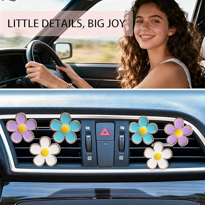 6pcs Flowers Car Decor,Cute Car Air Freshener Vent Clips,Blue White Purple Daisy Flowers Air Vent Clip Accessories for Women,3cm/2.7cm Refillable Daisy Decor Diffuser