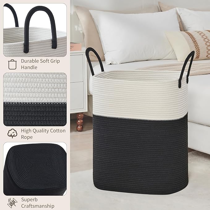 Laundry Basket with Handles - Blanket Basket & Hampers for Bedroom Aesthetic, Laundry Hamper & Blanket Storage for Living Room, Clothes Hamper, Tall, Large 17" x 14" x 25”, White & Black