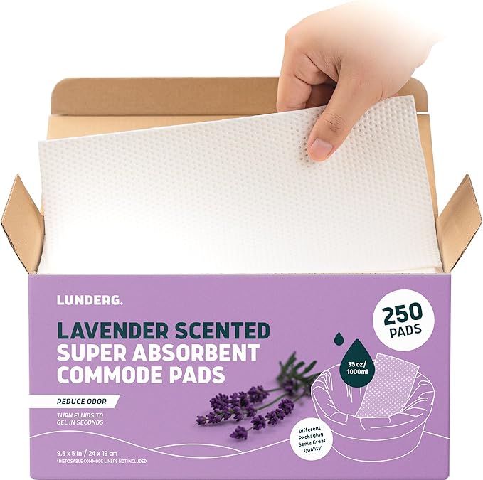 Lunderg Lavender Scented Super Absorbent Commode Pads - Medical Grade Value Pack 250 Count - for Disposable Bedside Commode Liners, Adult Chairs, Portable Buckets & Camping Toilet Bags - Light Scent