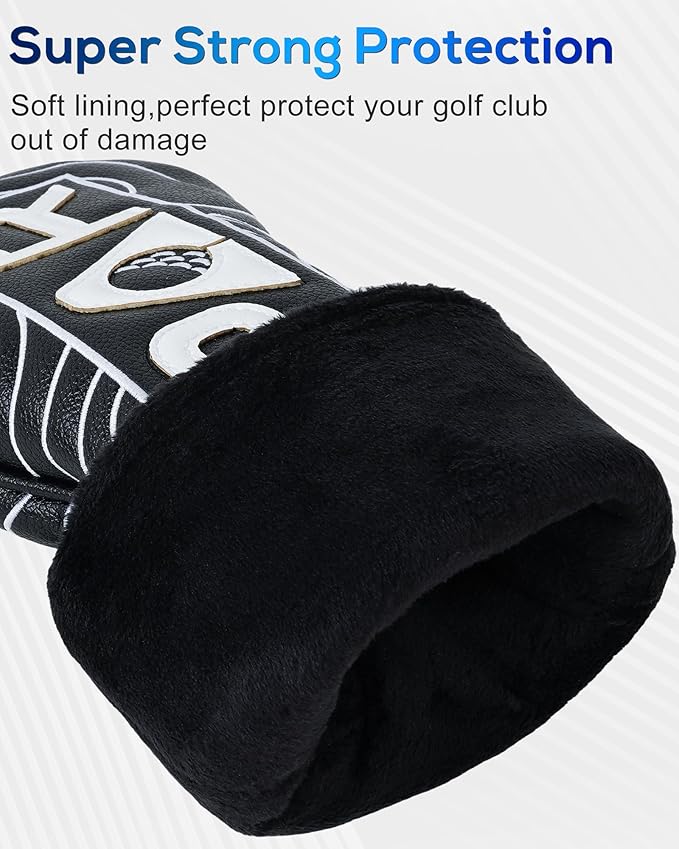 Big Teeth Golf Club Covers Full Set Driver Headcover Fairway Wood Hybrid Golf Club Iron Head Covers, Topographic Edition Putter Cover Leather Golf Head Covers Pure Black, Gifts for Men