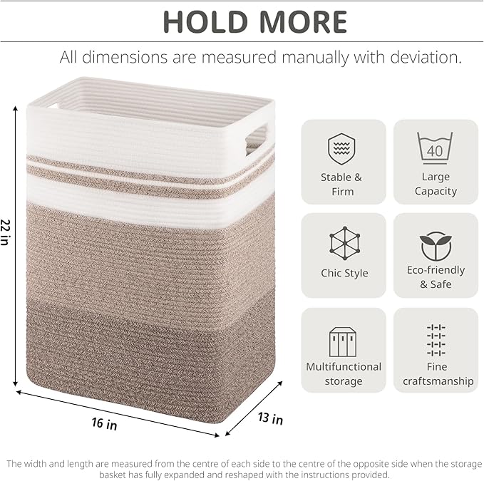 OIAHOMY Rectangle Laundry Basket, Large Laundry Hamper with Handles, Cotton Blanket Basket for Living room, Woven Decorative Storage Basket for Clothes,Pillows-16x13x22in-Gradient Yellow