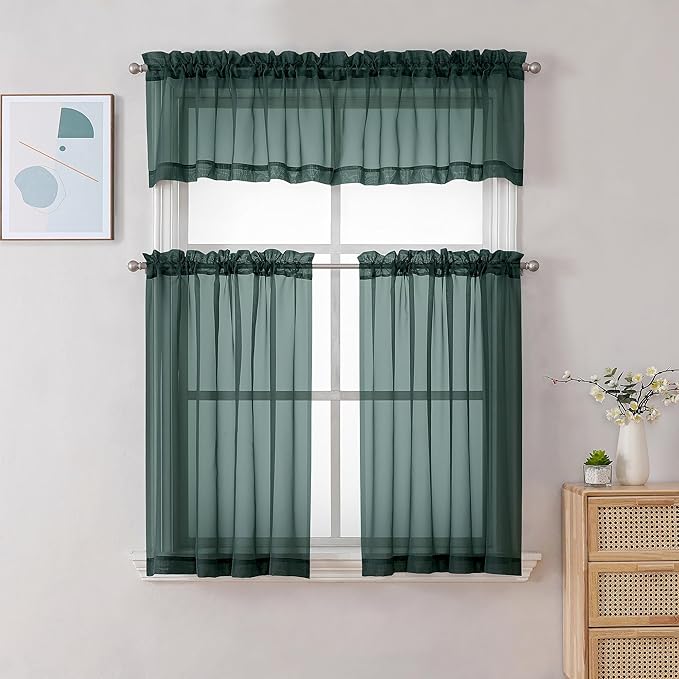 Chyhomenyc Sheer Valances for Windows 2 Pack, Small Window Curtains for Living Room Bathroom, Modern Top Dual Rod Pocket Basement Curtains for Small Window, 42Wx14L inches, 2PCS, Hunter Green