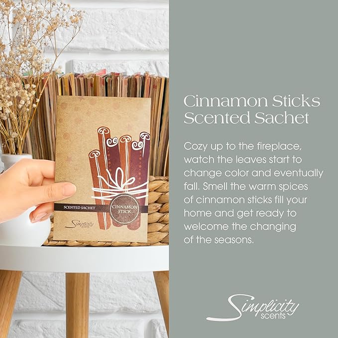 Simplicity Scents Cinnamon Sticks Scented Sachets Pack of 3, Fall & Winter - Long-Lasting Scented Bags, Home Fragrance, Air Freshener & Deodorizer for Closet, Room, Drawer, or Cars, Made in The USA