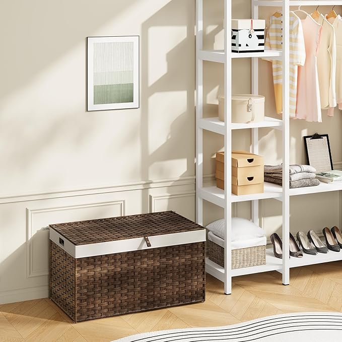 HOOBRO Storage Basket with Lid, 42.3 Gallon (160L) Wicker Basket, Handwoven Blanket Storage Basket with Handles, Metal Frame and Soft Lining, Foldable for Bedroom, Laundry Room, Brown BR216CW01