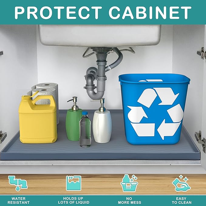 URMONA Waterproof Silicone Under Sink Mat 37'' x 22'' Shelf Liner for Kitchen and Bathroom, Cabinet and Counter Protector, Storage and Organizers, Litter Mat, Pet Cat Puppy Essentials(Cream)