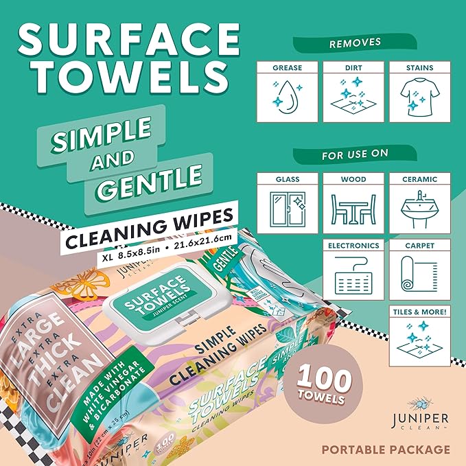 Single Surface Cleaning Wipes Bleach Free, Thick & Large Dispose, All-Purpose Cleaner for Bathroom, Kitchen, Office, 100 Count Soft Flow, Biodegradable, Juniper Scent