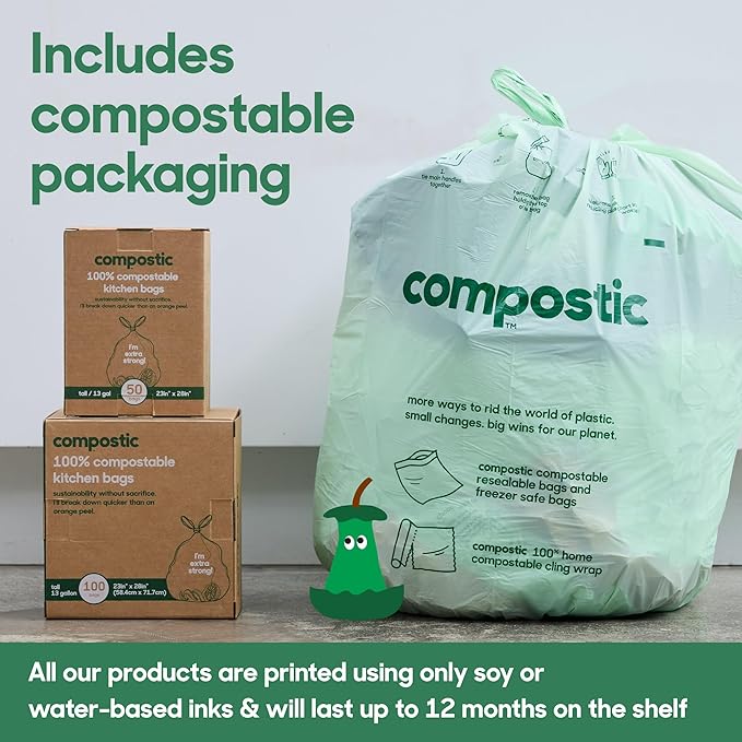 Compostic Home Compostable Trash Bags, 13 Gallon Tall Kitchen Rubbish Bags (23” x 29”), Extra Strong & Quickly Breaks Down, 50 Count