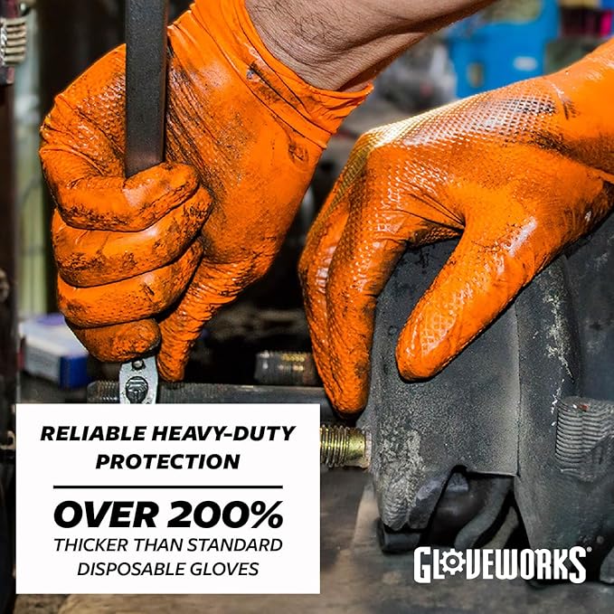 GLOVEWORKS Heavy-Duty Nitrile Gloves, Disposable, Latex Free, 8 Mil, Orange, Diamond Grip Glove