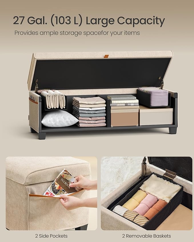 SONGMICS Storage Ottoman Bench, Storage Chest, 15.7 x 43.3 x 15.7 Inches, End of Bed Bench, 27 Gal. (103 L), for Bedroom, Entryway, Living Room, Cappuccino Beige ULSF533L01