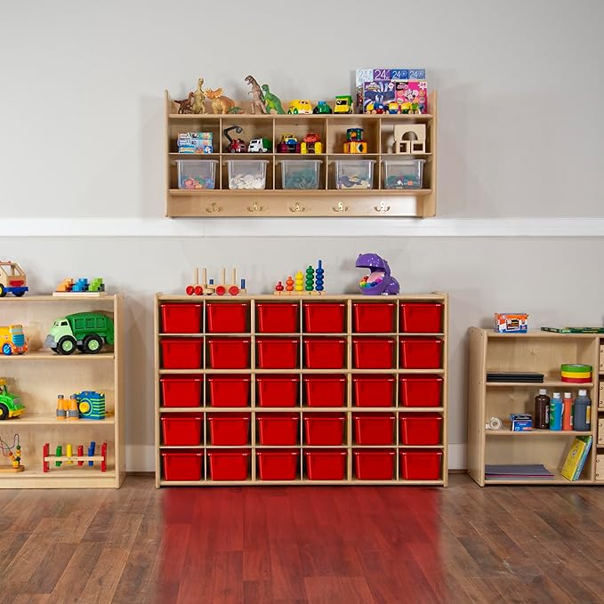 Wood Designs Cubby Storage Bin, Heavy Duty Plastic Containers for Kids Red Cubby Tray Set of 10