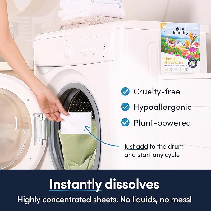 Good Laundry Flowers of Paradise Detergent Sheets, & Dryer Sheet Bundle - No Plastic Jugs, Eco-Friendly, Zero Harsh Chemicals, Hypoallergenic - Based in the USA