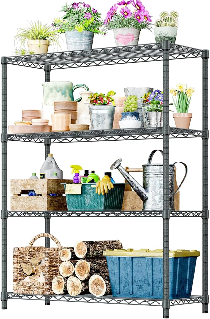IZEUK Outdoor Metal Storage Shelving Unit, 4-Tier Heavy Duty Wire Rack Organizer with Rust-Resistant and Corrosion-Proof Coating (Grey, 17.7" D x 47.24" W x 59" H)