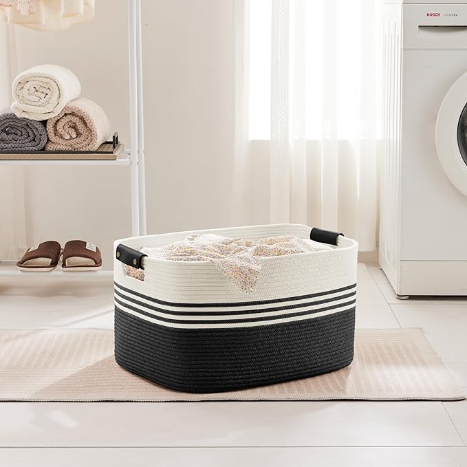 60L Large Laundry Basket with Leather Handles for Living Room Storage, Woven Rope Baskets Bin for Blanket, Kids Toy, Gifts, Wicker Hamper for Bedroom Dirty Clothes, 21"x15"x11" White Black