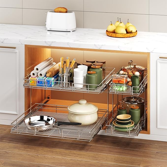 2 Tier Individual Pull Out Cabinet Organizer 27" W x 21½" D, Heavy Duty Cabinet Pull Out Shelves, Slide Out Drawers Organization for Kitchen Cabinets Bathroom