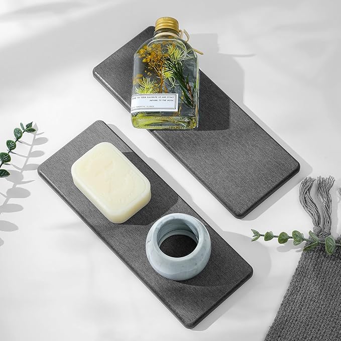 2PCS Bathroom Trays, Water Absorbing Diatomite Stone Quick Drying Mat for Kitchen Counter, Dish Rack Soap Dispenser Sponge Holder Caddy Sink Vanity Organizer, Dark Gray Slate,9"x3.5"