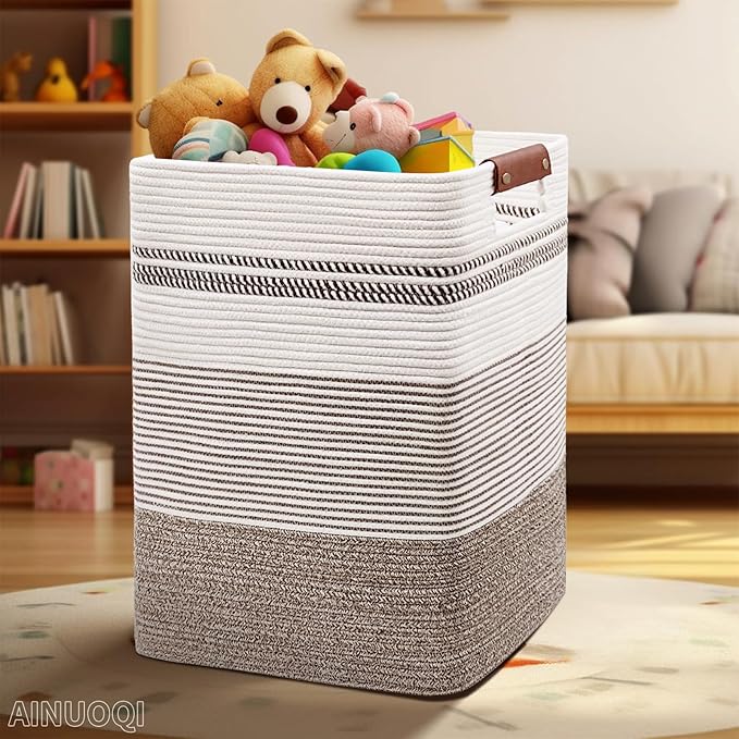 Laundry Hamper - Tall Woven Rope Laundry Basket - Clothes hamper with Leather Handles, 17.8" X 13.8" X 22", Blanket Storage Basket for Living Room, Rice Brown & White
