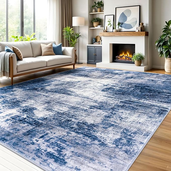 IOHOUZE Abstract Area Rugs 9x12 Ft Washable Large Rugs for Living Room, Non Slip Dining Room Rug, Printed Faux Wool Rugs for Bedroom, Floor Carpet for Office Nursery Playroom, Navy/Grey