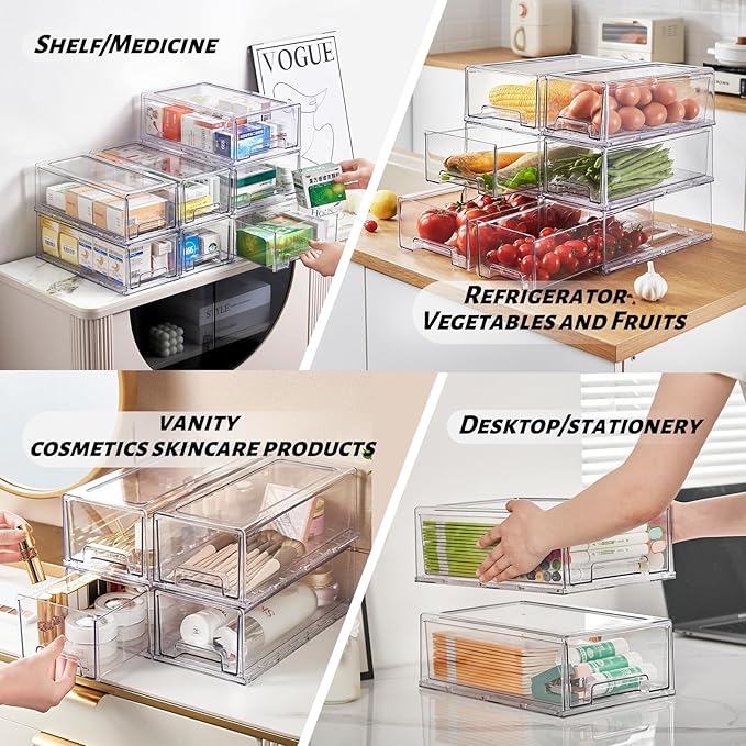 PeJeyiee 2 Pack Clear Stackable Refrigerator Organizers and Storage Drawers - Pull-Out Fridge Bins with Anti-Slip Base & Easy Clean, Plastic Organizers for Kitchen Pantry Cabinet Closet (Large)