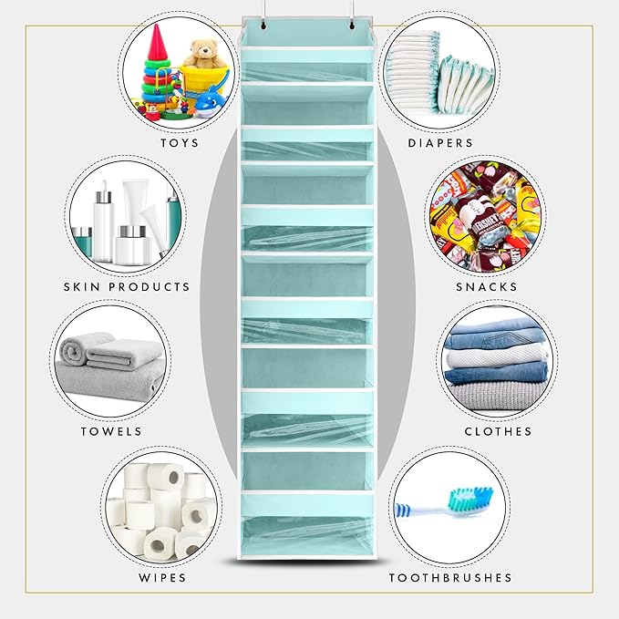 HOMELUX THEORY 1 PC Heavy Duty Over the Door Organizer 55x14x6.7, 6 Large Front & 12 Side Pockets, Hanging Storage Closet Door Organizer for Bedroom, Bathroom and Baby Nursery Storage (Baby Blue)