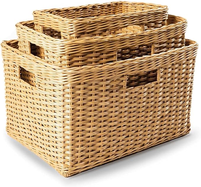 The Basket Lady Tall Rectangular Wicker Storage Basket, Small, 16.5 in L x 10.5 in W x 10.5 in H, Sandstone