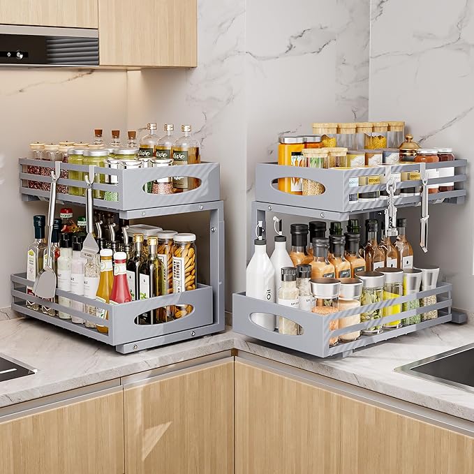 Under Sink Organizer, 2 Tier Under Sink Organizers and Storage, Adjustable Height, Slide Out Metal Cabinet Organizers, Pull Out Cabinet Storage Drawer Shelf for Kitchen Bathroom Gray, 2 Pack