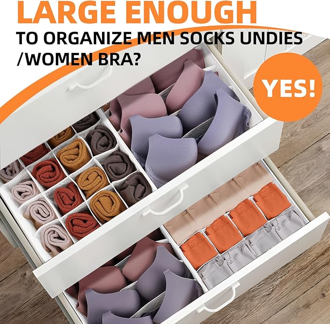 Criusia Drawer Organizer - 6 Set Clothes Organizer for Closet & Bedroom - 90 Cells Bins for Sock, Underwear, Bra, Baby Clothes - Washable & 10xDurable than Non-Woven Fabric (White)
