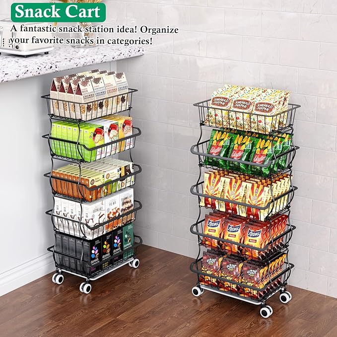 5 Tier Fruit Basket for Kitchen, Stackable Bins Wire Rack with Wheels, Fruit and Vegetable Storage Basket Pantry Food Snack Organizer Shelf, Kitchen Storage Cart for Onion and Potato, Produce