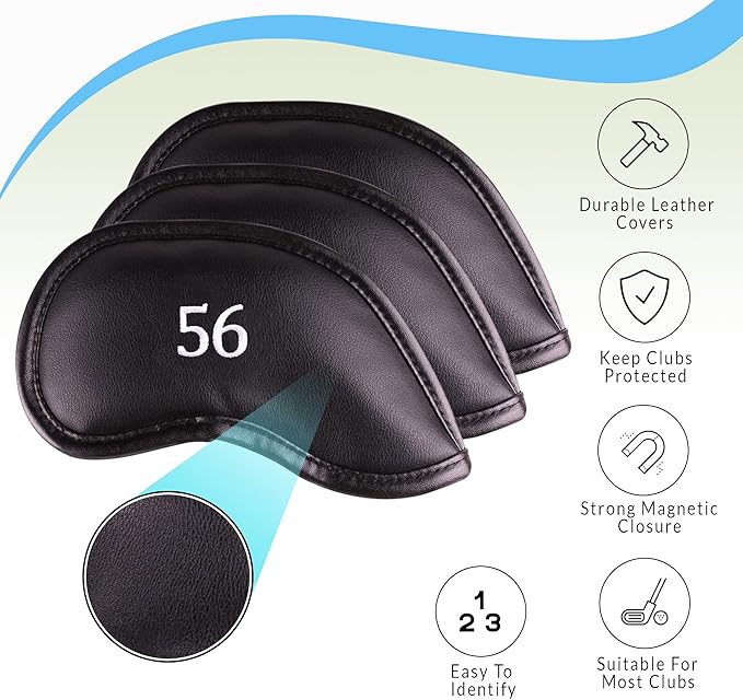Premium Magnetic Leather Iron and Wedge Golf Club Head Covers | Set of 10 | Fits Most Clubs | Embroidered Club Label on Both Sides of Club Head Cover