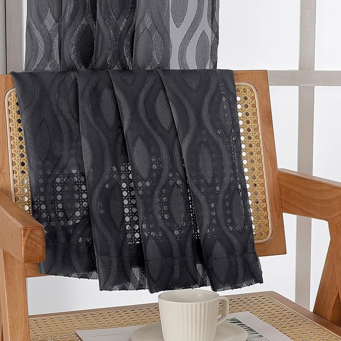 Aiyufeng Black Sheer Curtains 63 Inch Length 2 Panels Set, Solid Airy Light Filtering Voile for Bedroom Living Room, Modern Wavy Line Privacy Farmhouse Curtains, 40" W X 63" L