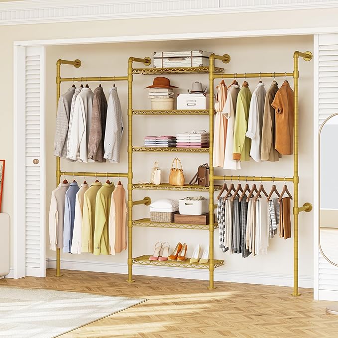 ONBRILL H3 Wall Mounted Closet System, Expandable Industrial Pipe Clothes Rack Clothing Rack for Hanging Clothes, Heavy Duty Closet Organizers and Storage in Wardrobe Closet, Gold