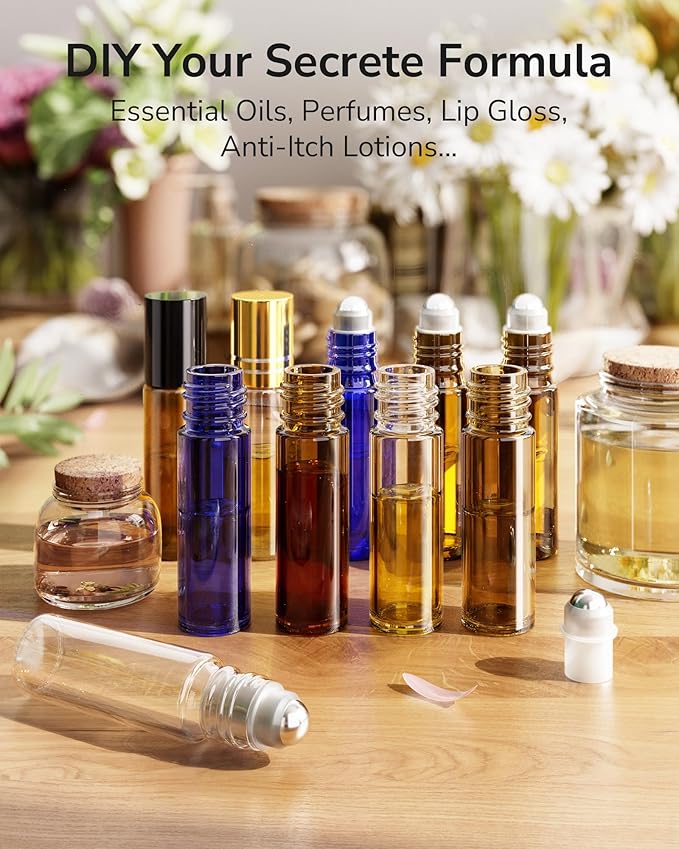 ULG 24-Pack Essential Oil Roller Bottles 10ml, Empty Bottles with Stainless Steel Roller Balls and Waterproof Labels, Amber Roller Balls For Essential Oils