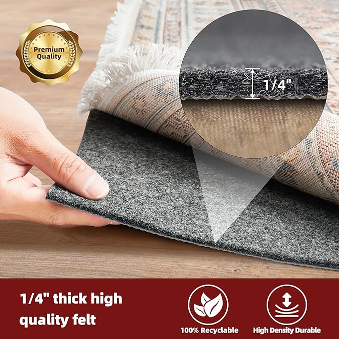 BAGAIL Felt and Natural Rubber Backing Rug Pads 1/4” Thick, 2 x 4 Ft Non Slip Carpet Gripper Keep Rugs in Place, Under Area Rug Protective Cushioned Pads, Carpet Runners, Hardwood Floors Protection