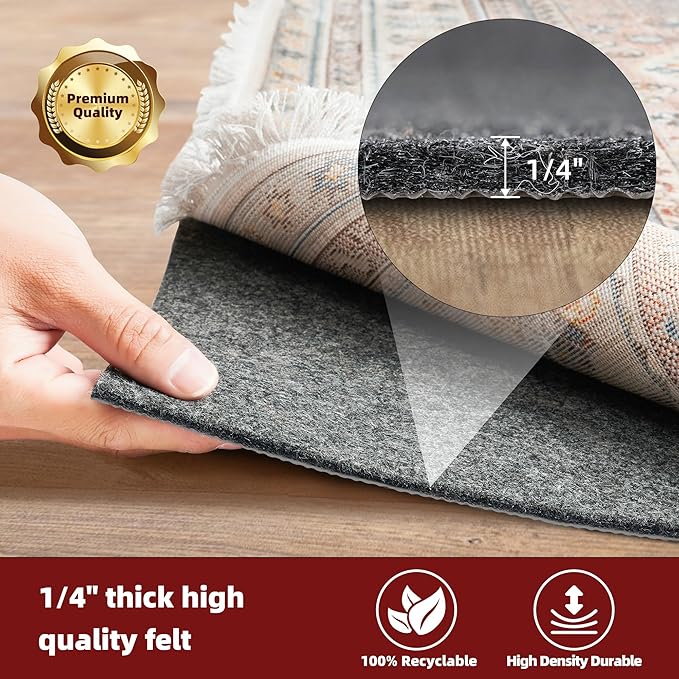 BAGAIL Felt and Natural Rubber Backing Rug Pads 1/4” Thick, 4 x 6 Ft Non Slip Carpet Gripper Keep Rugs in Place, Under Area Rug Protective Cushioned Pads, Carpet Runners, Hardwood Floors Protection