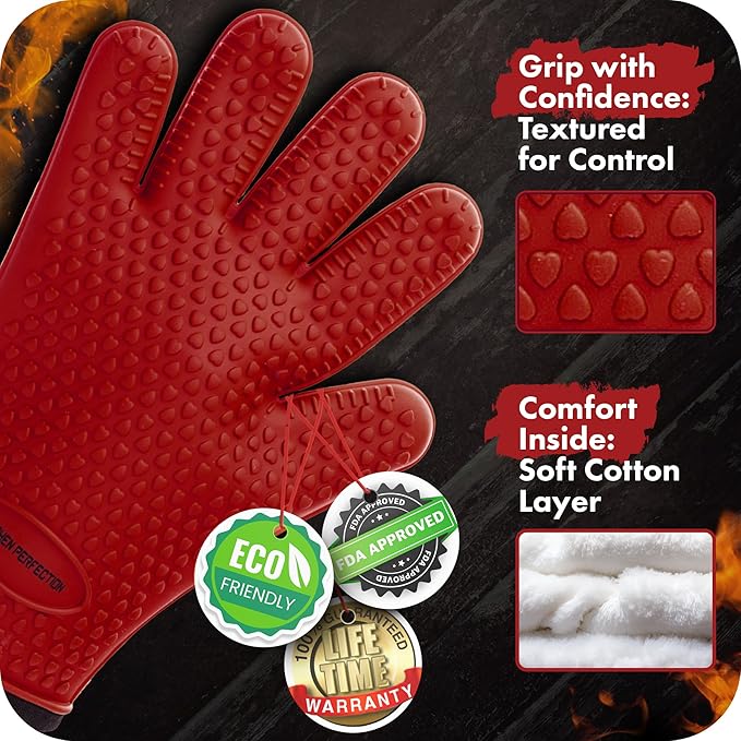 KITCHEN PERFECTION XL Silicone Smoker Oven Gloves-Extreme Heat Resistant BBQ Gloves-Handle Hot Food Right on Your Grill Fryer&Pit|Waterproof Grilling Cooking Baking Mitts|Superior Value Set+3 Bonuses