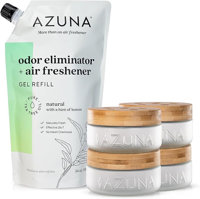 Azuna Air Freshener & Odor Eliminator for Strong Odor | 4 Room Kit Includes (4) 8 oz. Empty Luxe Glass Jars & 24oz Gel | Refill with Tea Tree Essential Oil | Natural Scent | Last 60-90 Days