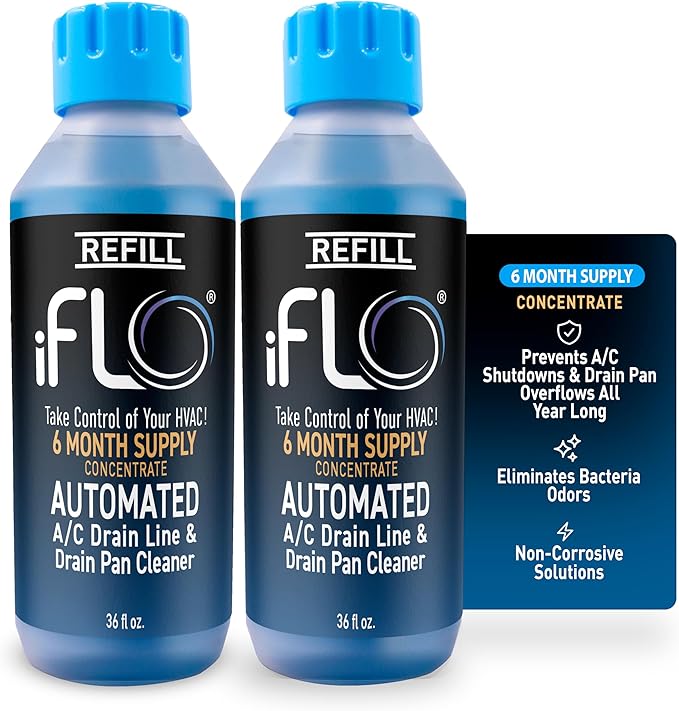 iFLO® Smart A/C Drain Line Cleaner and Drain Pan Cleaner Cartridge Concentrate, Fast-Acting, Long-Lasting HVAC System Solution for Tough Clogs & Buildup, 6-Month Supply per Bottle, 2 Pack of 36oz