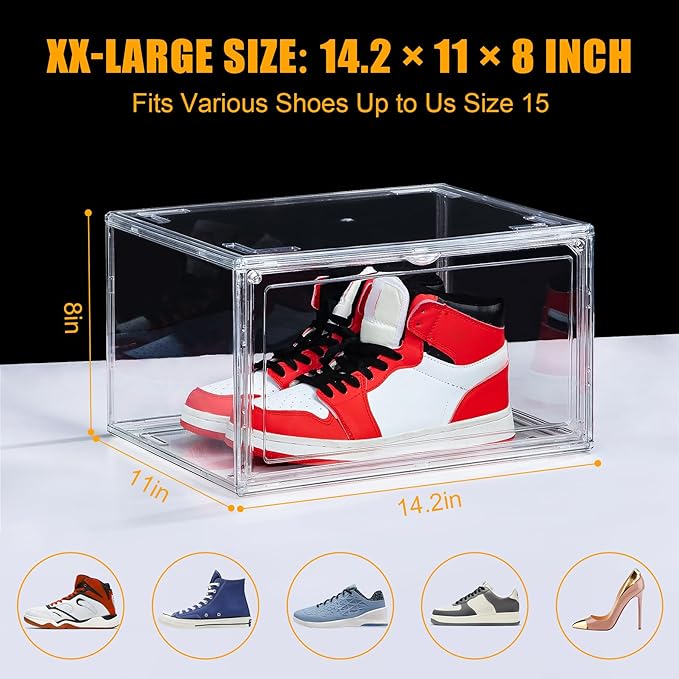 NYZE 12 Pack Acrylic Shoe Boxes Side Open, Clear Shoe Box Plastic Stackable, Shoe Storage Organizer with Magnetic Door, Shoe Display Shoe Containers with Lids Fits Up to Size 15