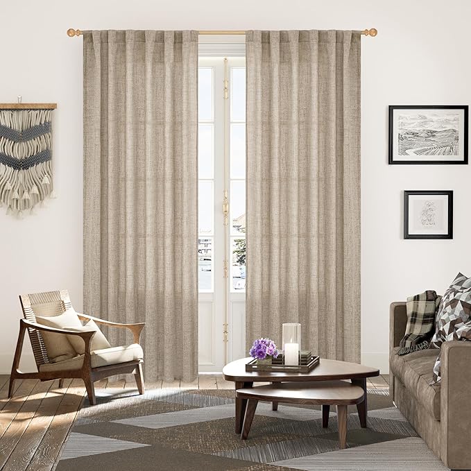 YoungsTex Linen Curtains 84 Inches Long for Living Room Farmhouse, Oatmeal Semi Sheer Drapes Light Filtering Textured Window Treatments with Back Tab Rod Pocket for Bedroom, 2 Panels,52 X 84 Inch
