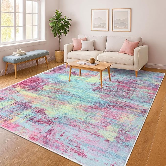 IOHOUZE Abstract Area Rugs 8x10 Ft Washable Large Rugs for Living Room, Non Slip Dining Room Rug, Printed Faux Wool Rugs for Bedroom, Floor Carpet for Office Nursery Playroom, Pink Teal