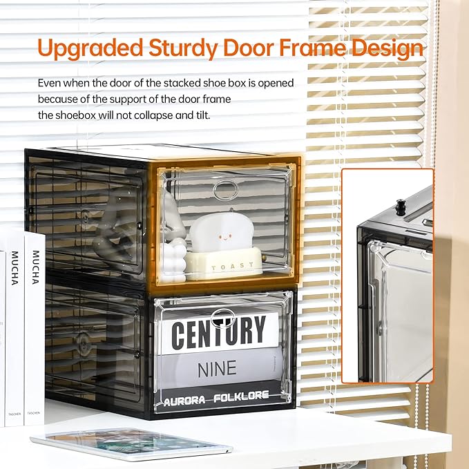 12 Pack Shoe Boxes Stackable,Upgraded Sturdy Shoe Storage Boxes with Clear Magnetic Door,Multifunctional Sneaker Storage, Shoe Box Organizer Fit up to US Size 12 Gray(13.8”x 9.84”x 7.1”)