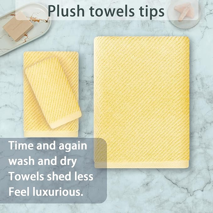 Yellow Towels for Bathroom - 100% Cotton | Quick Dry | Soft | Thick | Large, 3 Piece Towel Set, 1 Large Bath 30" x 56", 1 Hand 18" x 28", 1 Wash Cloth 13" x 13", Bathroom Essentials, Lemon Glow
