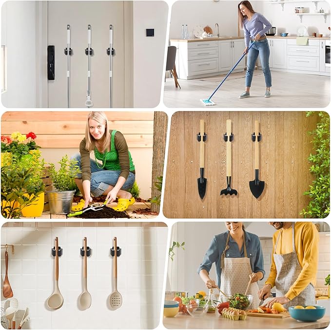 Broom Holder Wall Mount, 12PCS Broom Hanger Wall Mount, Stainless Steel Heavy Duty Mop Holder Broom Mop Hanger Wall with Screws, Garden Outdoor Tool Organizer Rack Broom Hanger (Black)