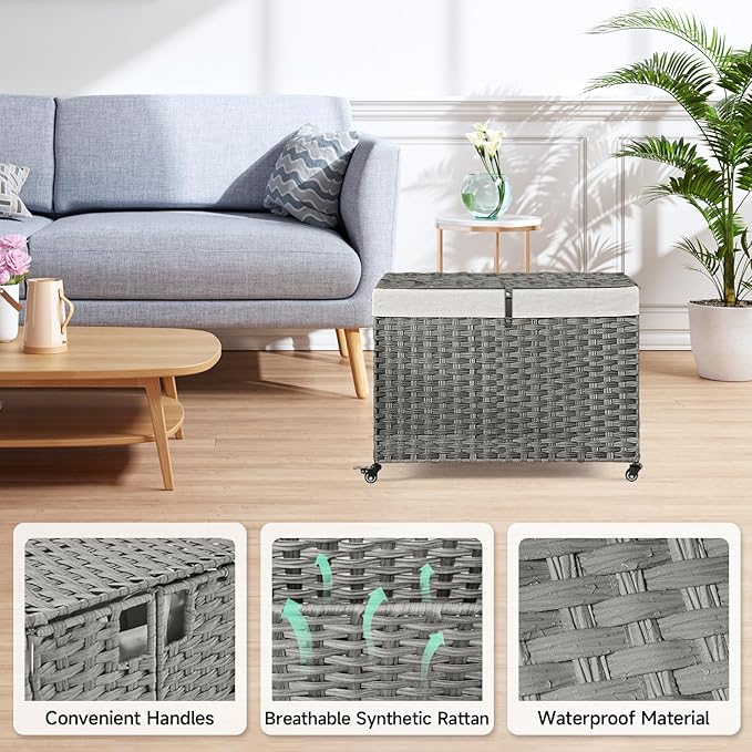 Rolling Storage Basket with Lid, 47.6 Gallon (180L) Storage Bin with Wheels, Woven Rattan Blanket Storage Basket with Handles, Foldable, Metal Frame, Removable Liner for Bedroom, Laundry Room, Grey
