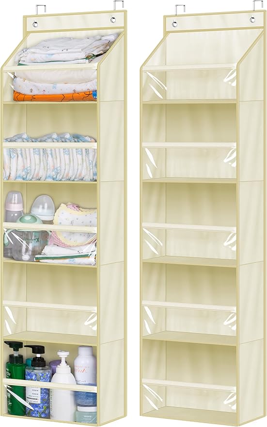 AOODA 2 Pack Over the Door Organizer, Large Capacity Closet Door Hanging Organizer, Clear Deep Pockets Baby Storage for Nursery, Bathroom, Bedroom, Pantry, Diapers (Light Yellow)