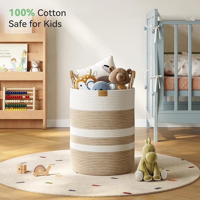 62L Striped Laundry Hamper with Leather Handles,Large Foldable Laundry Basket for Clothes,Cotton Rope Storage Bin for Blankets,Woven Clothes Basket for Bedroom, Beige Stripes
