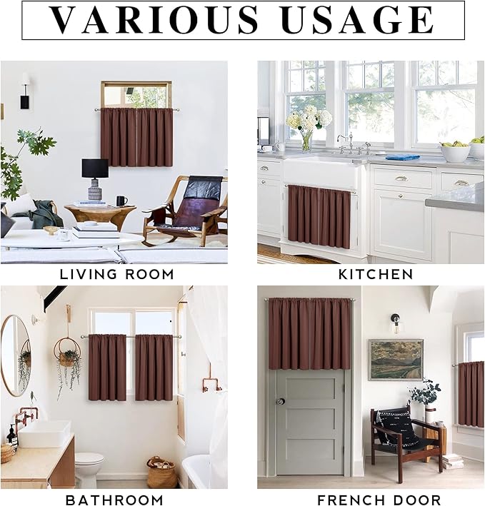 RYB HOME Blackout Curtains for Kitchen, Small Window Curtains Blinds, Thermal Insulating Drapes for Bathroom Cafe Bedroom Small Window, W 29 x L 45 inch, Chocolate Brown, 2 Panels