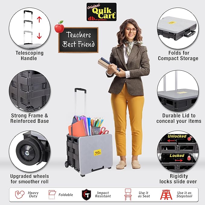 dbest products Quik Cart Collapsible Rolling Crate on Wheels for Teachers Tote Basket 80 lbs Capacity, Made from Heavy Duty Plastic and Used as a Seat, Grey
