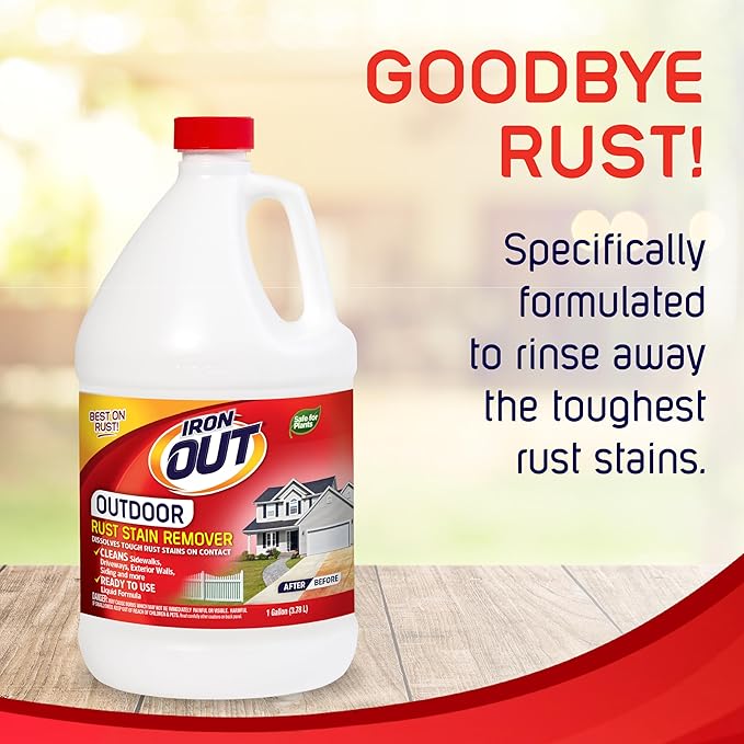 Iron OUT Liquid Rust Stain Remover, Pre-mixed, Quickly Removes Rust Stains from Concrete, Vinyl and Other Outdoor Surfaces, No Scrubbing, Safe to Use, Made in the USA, 1 Gallon